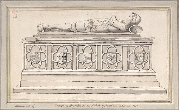 Funerary monument to Thomas de Braose (died 1395), dressed in full armour, his head resting on a helm. The tomb chest is decorated with quatrefoils an