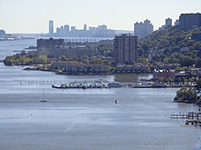 Southward view of the Hudson Waterfront from the George Washington Bridge, with Edgewater in the foreground, and the skyline of Downtown Jersey City, Hudson County in the background. HudsonWaterfrontGWBtoJC.JPG