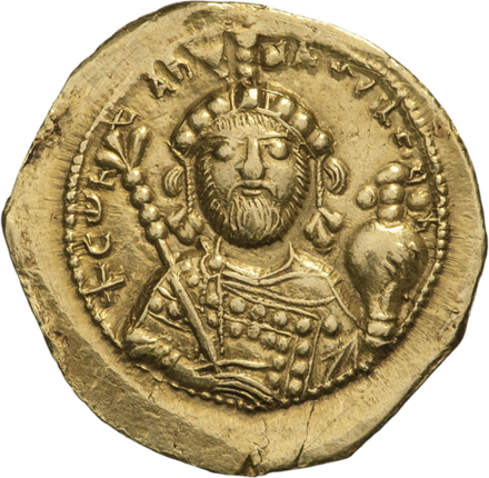 Gold tetarteron of Constantine IX Monomachos. Reverse. Bust of Constantine IX with a beard; on his head is a crown with a cross; labarum in his right hand, globe with a cross in his left. Constantinople.