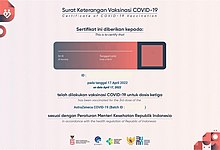 COVID-19 vaccination certificate issued by the Indonesian government for the third dose vaccination. Indonesian Covid-19 third vaccination certificate.jpeg