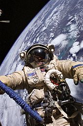 Astronaut in an Orlan space suit, outside the International Space Station Iss009e29620.jpg