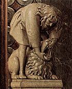 Détail du montant droit du trône représentant Samson aux prises avec un lion