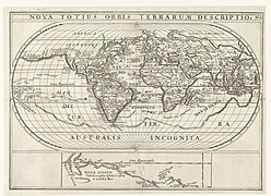 Kaart van de wereld met de reizen van Joris van Spilbergen en Jacob le Maire om de wereld, 1614-1617 Nova Totius Orbis Terrarum Descriptio (titel op object), RP-P-OB-75.472.jpg