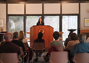 Stewart giving a lecture on "The Good News Club" in Monterey, California in 2013 Katherine Stewart lecture.jpg