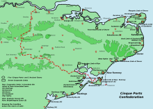 The coastline before the storm of 1287. The modern coastline is shown with dashed lines. Kent Cinque Ports.svg