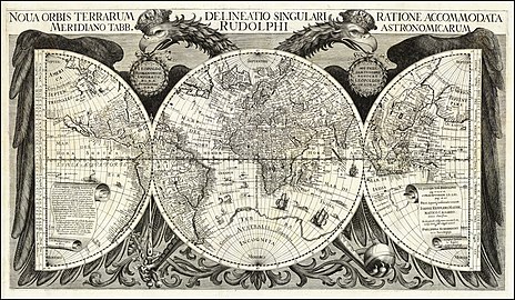 Mapa del mundo de las Tabulae Rudolphinae de Johannes Kepler (1627). Para entonces empezó a dudarse de la existencia de la Terra Australis bajo el extremo meridional de América.