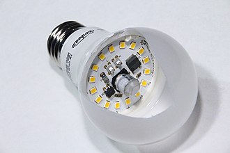 Household LED lamp with its internal LED elements and LED driver circuitry exposed LED-E27-Light-Bulb-1134.jpg