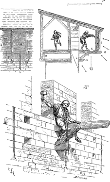 Міцні риштування, виготовлені з дощок, з'єднаних стрижнем, на вершині вежі або стіни. (малюнок взято з книги «La cité de Carcassonne» Ежена Віолле-ле-Дюка)