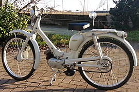 White single seat moped, a light motorcycle with pedals