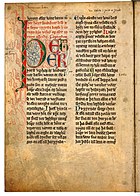 Fra åpningen av landevernsbolken i Magnus Lagabøtes landslov, fra håndskriftet AM 305 fol, bl. 10v ført i pennen av Torgeir Håkonsson rundt år 1300.