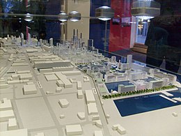 A model of the original proposal for Liverpool Waters looking south from Bramley-Moore Dock (2007). Liverpool Waters Model 3.jpg
