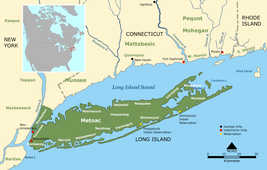 A modern map showing Long Island and most of New York City highlighted in green with locations exonyms applied to Native Americans that lived there Longisland1.png