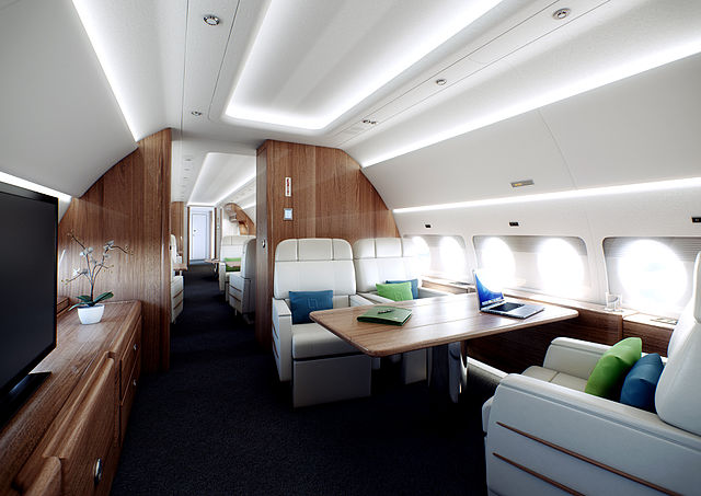 View of the cabin, inside a business jet.