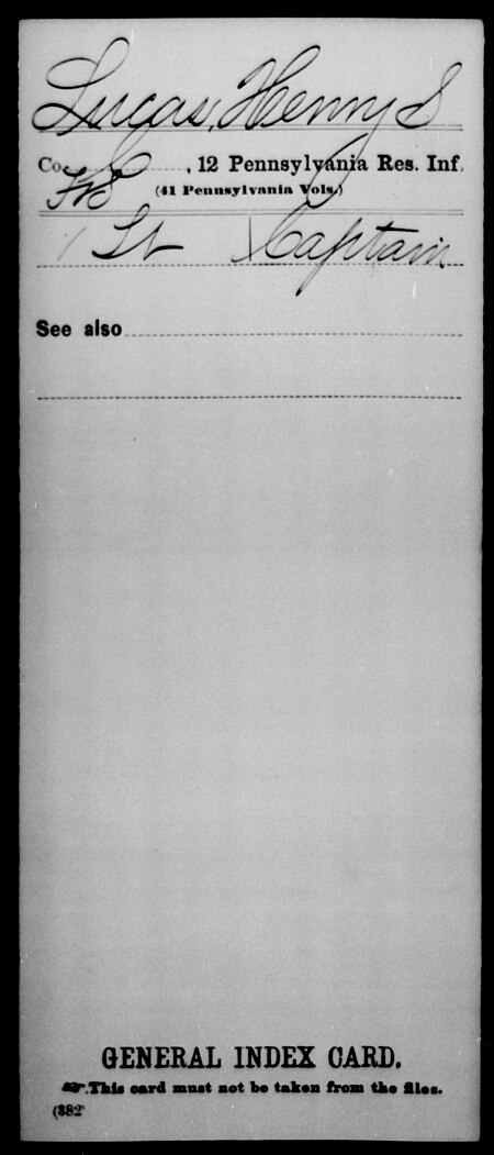 ไฟล์:Lucas, Henry S - Unit- 12th Reserve Infantry (41st Volunteers), Company- C,F&S - Enlistment Rank- 1 Lt, Discharge Rank- Captain - DPLA - 1d1694801a7c3c4c8dff4450d3b70f8f.jpg