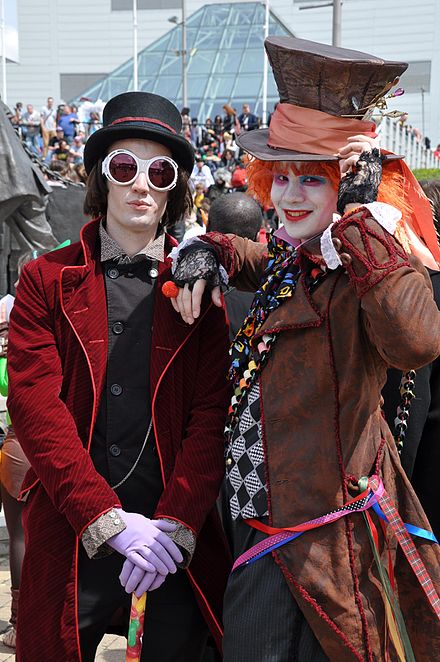 Willy Wonka (from Roald Dahl's Charlie and the Chocolate Factory), and the Mad Hatter (from Lewis Carroll's Alice's Adventures in Wonderland) at the 2013 London Comic Con
