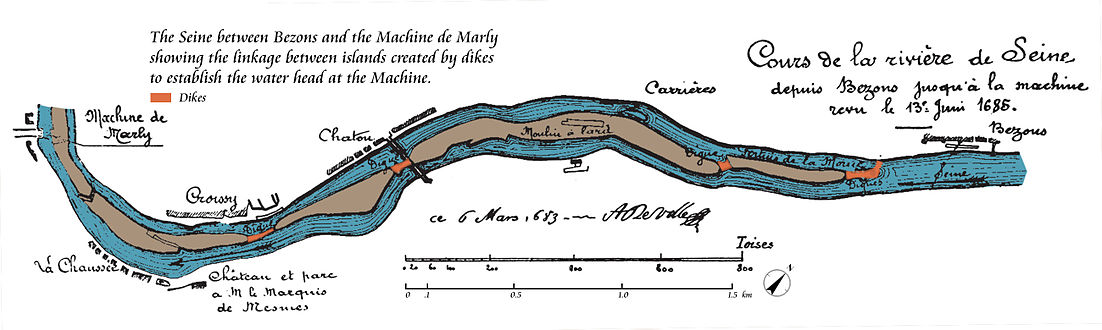 La Senna tra Bezons e la macchina Marly, che mostra il collegamento tra le isole formate da dighe per generare la goccia d'acqua verso la macchina