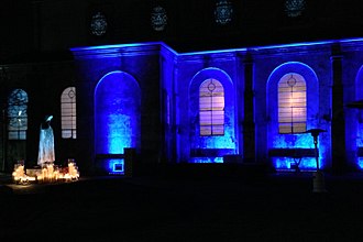 Mary garden at Holy Trinity. Mary at night beside Holty Trinity Marigny Opera House.jpg