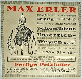 „Feldpostmäßig verpackt, pelzgefütterte Unterzieh-Westen mit Ärmel, für Offiziere und Mannschaften“ der Firma Max Erler (Anzeige, Erster Weltkrieg)