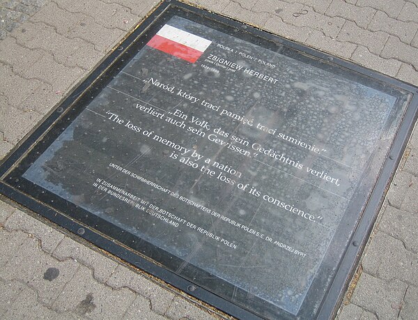 "The loss of memory by a nation is also a loss of its conscience" (Herbert). Plaque at Mehringplatz, Berlin.