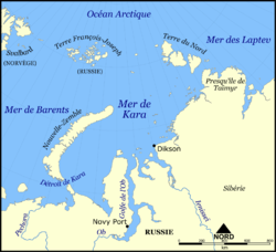 Carte d'une partie des mers de Kara et de Barents montrant le détroit de Kara.