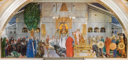 Midwinter Sacrifice ("Midvinterblot") is a 1915 colossal painting by Carl Larsson, commissioned for the National Museum of Fine Arts in Stockholm, represents the height of national romantic painting in the early 20th century. Some artists and museums had a role as nation-builders, and their presentations of history and mythology were often biased for heroic stories, in this case the Old Norse. This painting depicts semi-legendary king Domalde, who gave his life for redemption from the gods following bad harvests.