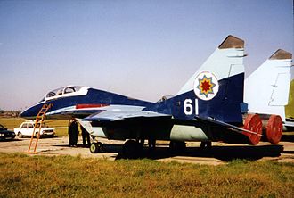 A Moldovan Air Force MiG-29UB training aircraft of the brigade being prepared for shipment to the United States, 1997 Moldovan MiG-29B trainer.jpg