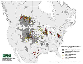 Reported cases of chronic wasting disease in North America, as of 2023 NA CWD 2023 10.jpg