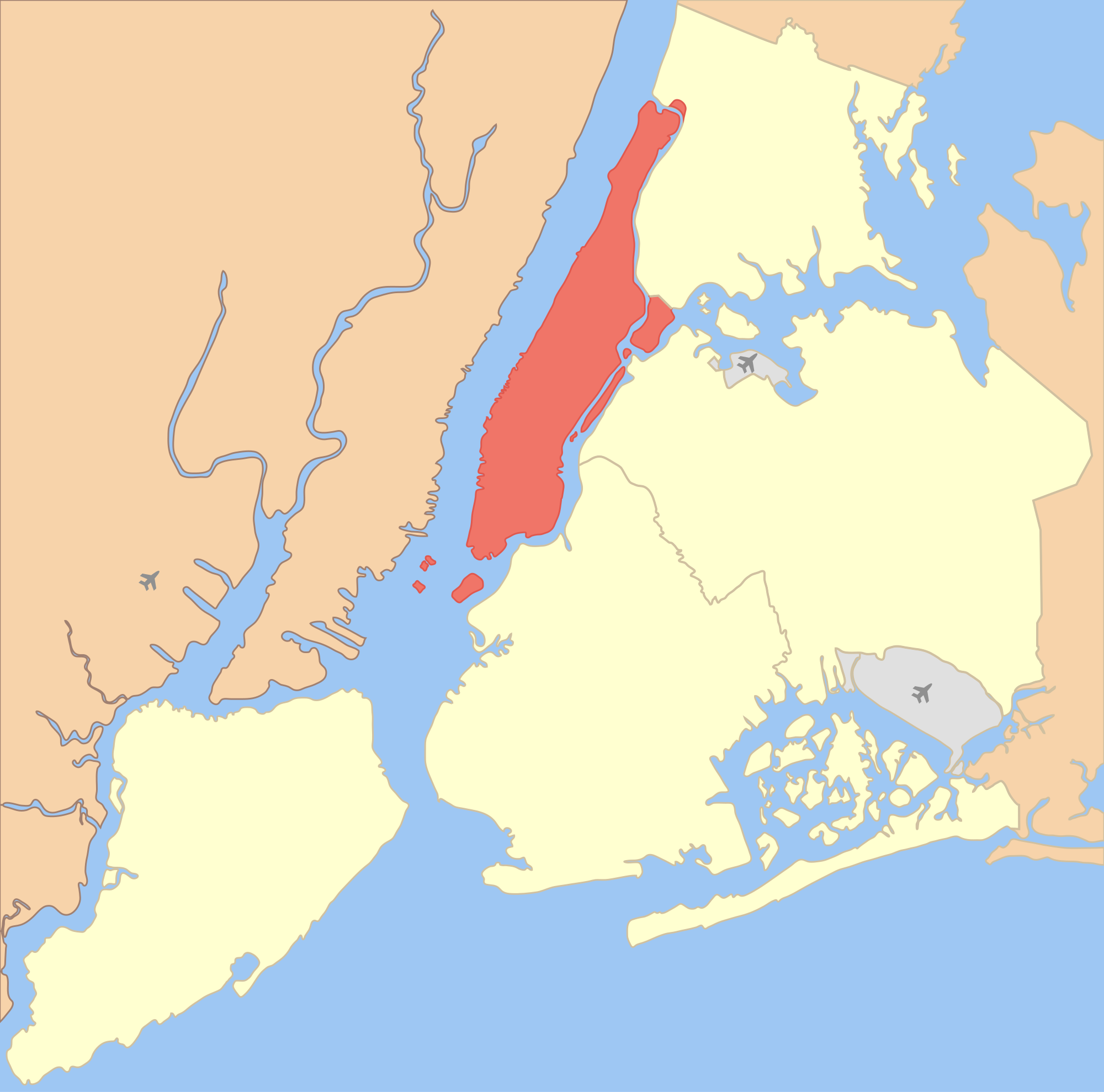 Location of Manhattan shown in red in New York City