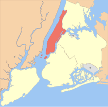 Location of Manhattan (red) within New York City (remainder yellow)