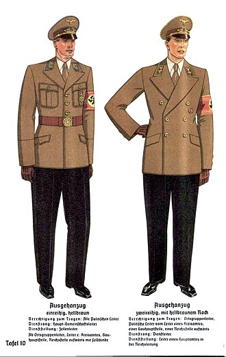 Formal dress of a Dienstleiter (right), 1940 ORGANISATIONSBUCH DER NSDAP 1940 6. Auflage Politische Leiter Uniformen Tafel 10 Ausgehanzug ein- oder zweireihig mit hellbraunem Rock Zellenleiter Dienstleiter Reichsleitung Nazi Party handbook No copyright Brighter dark scan.jpg