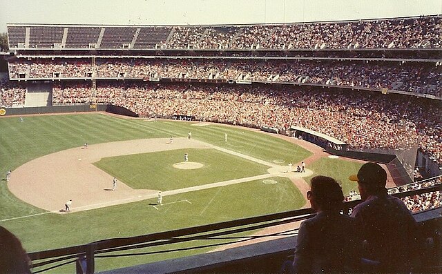 The Oakland Athletics playing host to the Texas Rangers at the Oakland–Alameda County Coliseum during a 1981 home game.