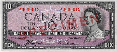 Obverse of $10 banknote, Canada 1954 Series, "Devil's Head" printing.jpg