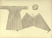Tablo 90. Panĝabio. Vira ĉemio, Kaŝmiro. La malfermaĵo ĉe la kolo havas persastilan formon. Vira pantalono, Kaŝmiro. Larĝa formo. (1922) El la Berlina Etnografia Muzeo.