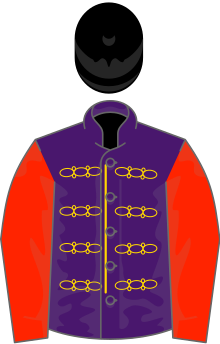 Racing colours of Queen Elizabeth II, as used by her father King George VI and great-grandfather King Edward VII: Purple, gold braid, scarlet sleeves, black velvet cap, gold fringe Owner The King.svg