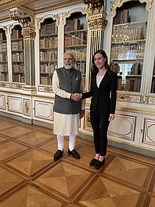 Indian Prime Minister Narendra Modi meeting Finnish Prime Minister Sanna Marin at the 2nd India-Nordic Summit in Copenhagen, Denmark; May 2022 Paaministeri Marin Koopenhaminassa 4.5.2022 (52048436627).jpg