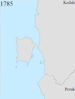 British acquisition and expansion of Penang (in yellow) occurred between 1786 and 1874, when the final alterations to Penang's boundaries was enacted. Penang.gif