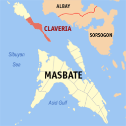 Mapa ng Masbate na nagpapakita sa lokasyon ng Claveria.