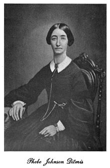 Phebe Johnson Ditmis (January 4, 1824-December 27, 1866) was the wife of Reformed Church of Queens pastor George Onderdonk Ditmis (July 22,1818-February 1, 1896). Phebe Johnson Ditmis 001.jpg