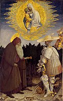 Mary above has a large aureole, St Anthony has a disk halo in perspective, but this would spoil the appearance of St George's hat. Pisanello, 1430s