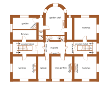 Planta de cores do primeiro andar de um prédio, com quartos e acessos.