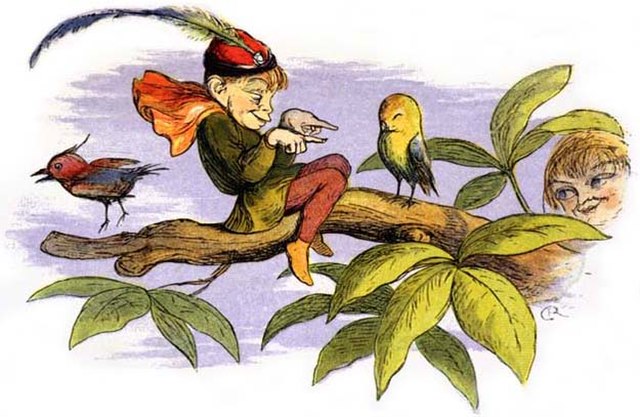 Poor little birdie teased, by the 19th-century English illustrator Richard Doyle. It depicts an elf as imagined in English folktales.