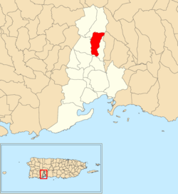 Lokasi dari Quebrada Honda dalam kotamadya Guayanilla ditampilkan dalam warna merah