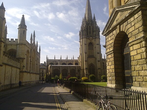 Looking south along Catte Street towards St Mary's Church.