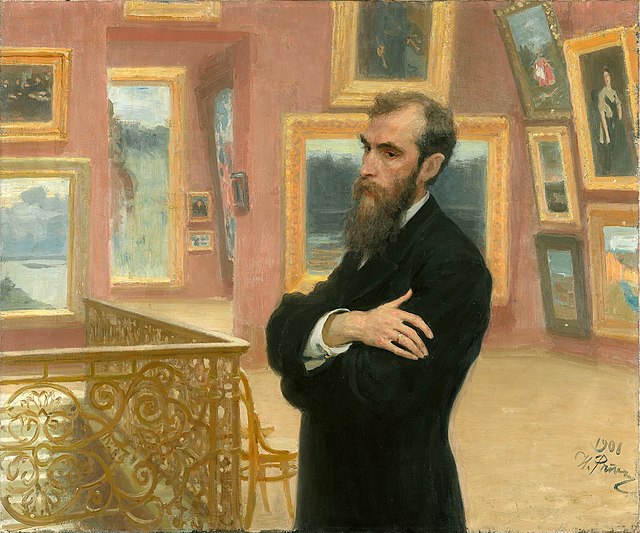 Portrait du mécène et collectionneur Pavel Tretiakov peint par Ilia Répine en 1901, représentant Tretiakov au milieu de sa collection de tableaux.