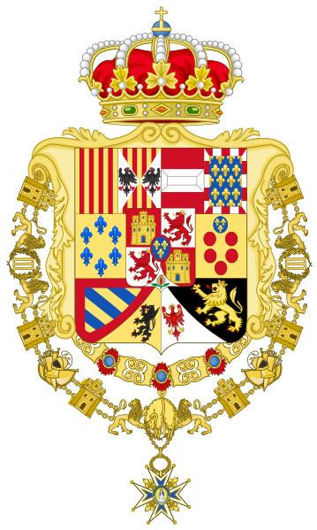 File:Royal Greater Coat of Arms of Spain (1761-1868 and 1874-1931) Version with Golden Fleece and Order of Charles III Collars.svg