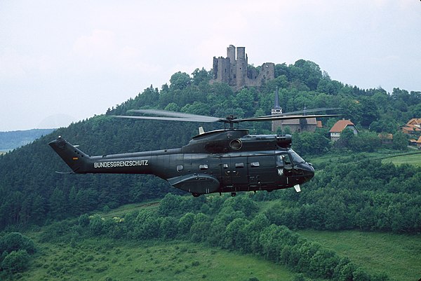 An Aerospatiale SA.330J Puma helicopter operated by the West German Bundesgrenzschutz in 1985