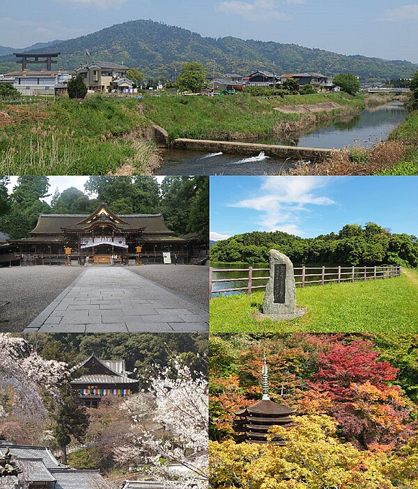 Top:A panorama view of Mount Miwa and Yamato River, Second:Ōmiwa Shrine, A heritage site of Hashihaka Tomb, Bottom:Hase Temple, Tanzan Shrine (all ite