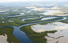 Letecká fotografie delty obrovské řeky, patrné jsou velké vodní plochy a zelené ostrůvky