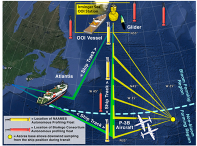 Area of study for NAAMES depicting routes of research vessels and deployment of autonomous profiling floats. Image courtesy of NASA. Sampling station.png
