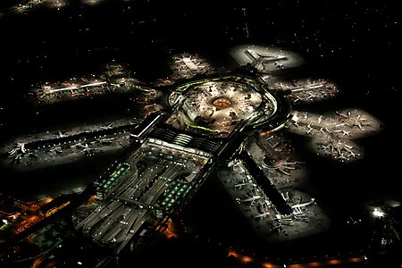 An aerial view of San Francisco International Airport at night. San Francisco International Airport at night.jpg